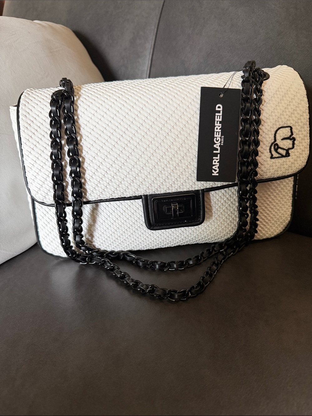 Karl Lagerfeld White Woven Shoulder Bag with Black Chain Trim